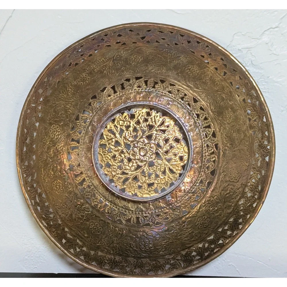 Vintage Pierced Brass Bowl With a Floral and Berries Pattern 11